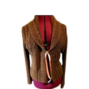 Rebecca Elliott Brown Chunky Cable Knit Wrap Cardigan Tie Front Chenille